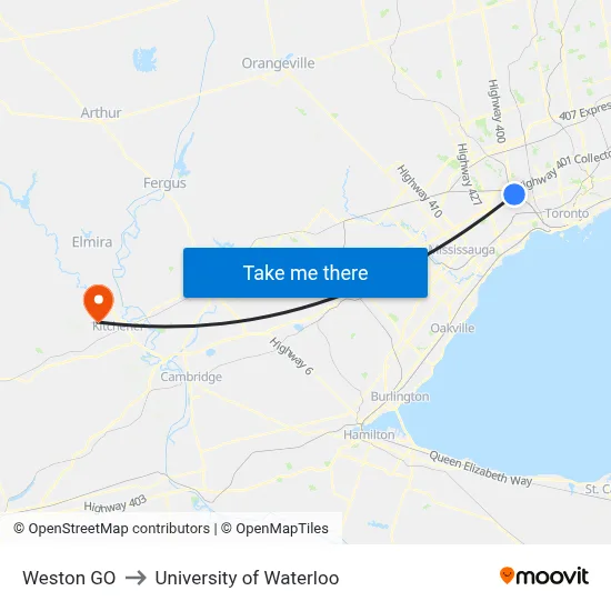 Weston GO to University of Waterloo map