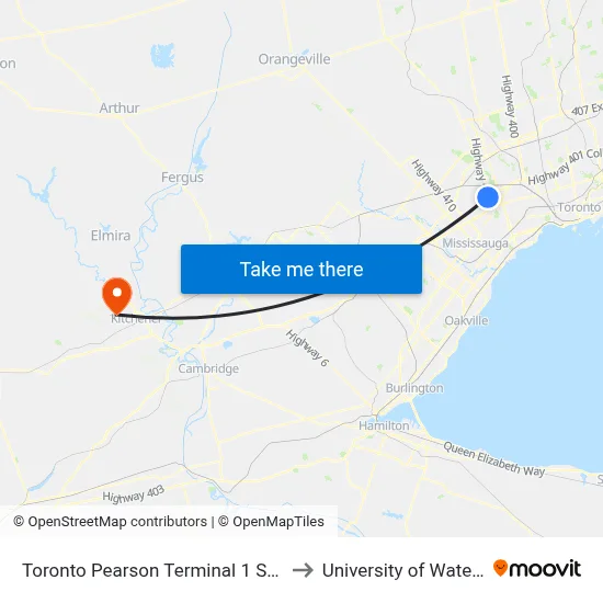 Toronto Pearson Terminal 1 Station to University of Waterloo map