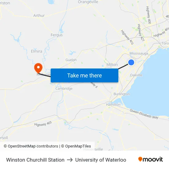 Winston Churchill Station to University of Waterloo map
