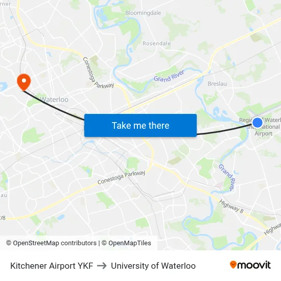 Kitchener Airport YKF to University of Waterloo map