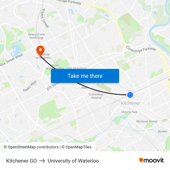 Kitchener GO to University of Waterloo map