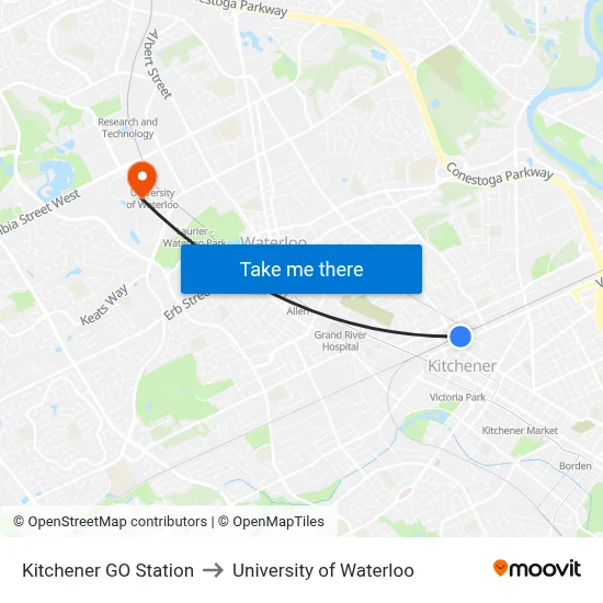 Kitchener GO Station to University of Waterloo map