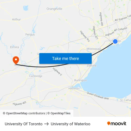 University Of Toronto to University of Waterloo map