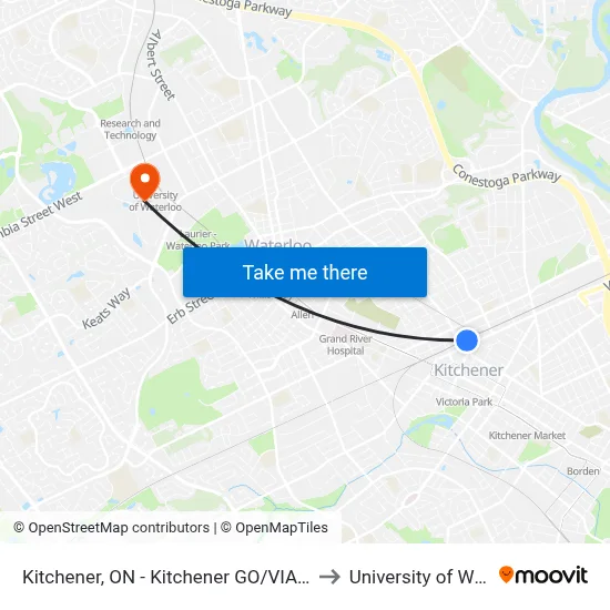 Kitchener, ON - Kitchener GO/VIA Rail Station to University of Waterloo map