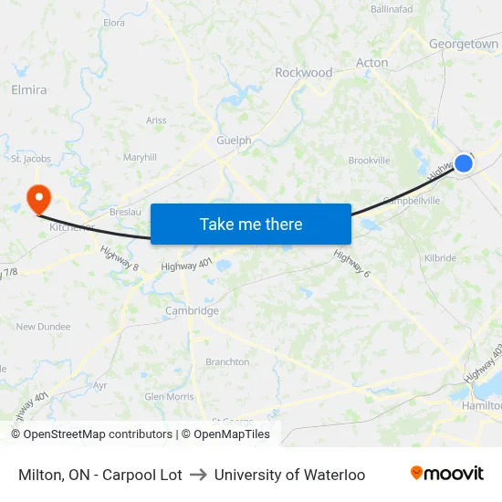 Milton, ON - Carpool Lot to University of Waterloo map