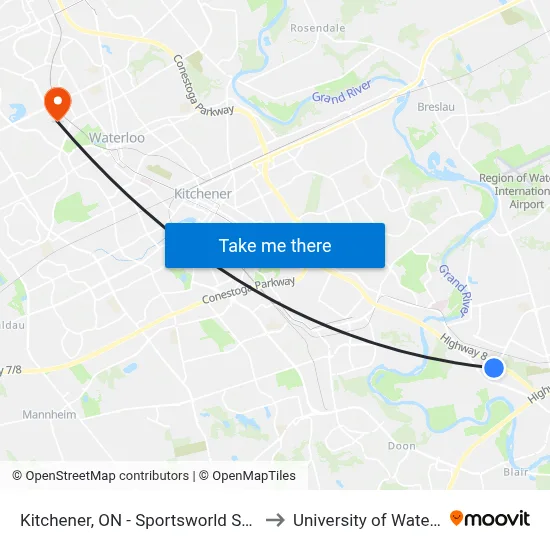Kitchener, ON - Sportsworld Station to University of Waterloo map