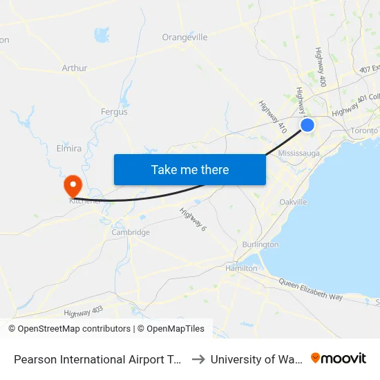 Pearson International Airport Terminal 1 to University of Waterloo map