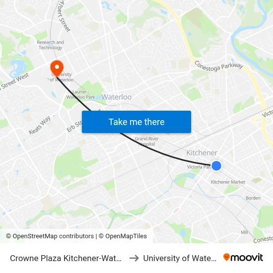 Crowne Plaza Kitchener-Waterloo to University of Waterloo map