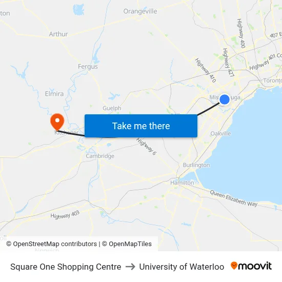 Square One Shopping Centre to University of Waterloo map