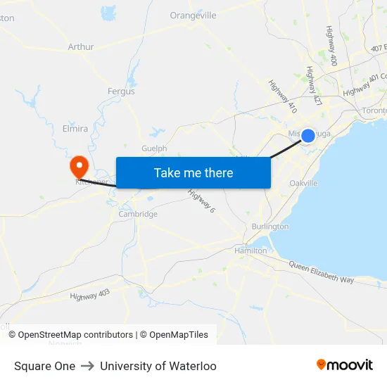 Square One to University of Waterloo map