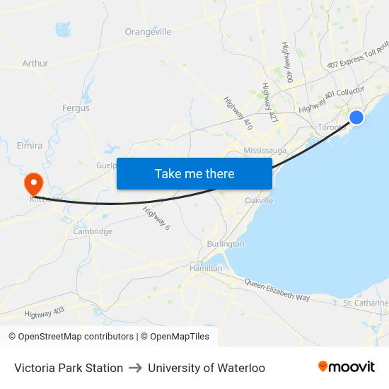 Victoria Park Station to University of Waterloo map