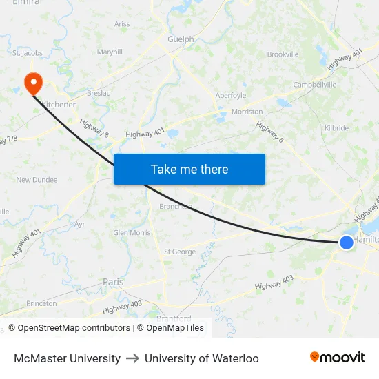 McMaster University, 1280 Main St W to University of Waterloo map