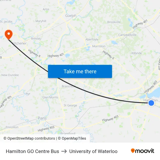 Hamilton GO Centre Bus to University of Waterloo map
