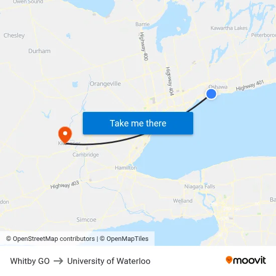 Whitby GO to University of Waterloo map