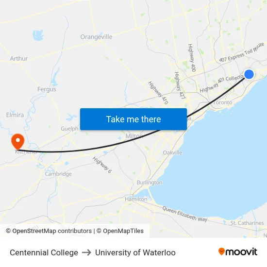 Centennial College to University of Waterloo map