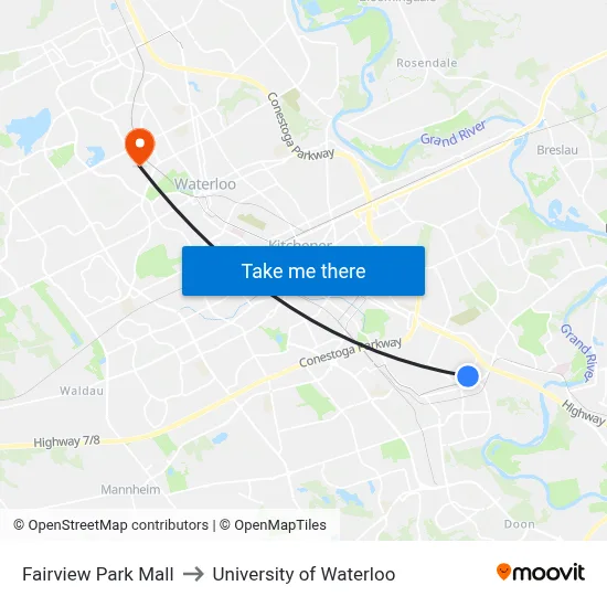 Fairview Park Mall to University of Waterloo map