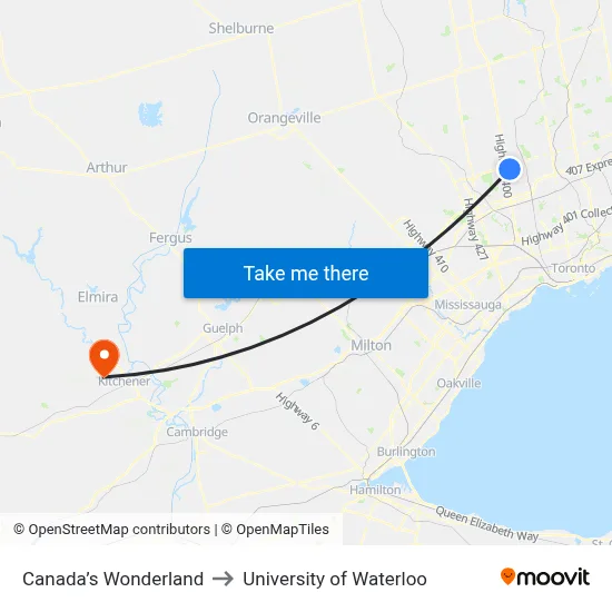 Canada’s Wonderland to University of Waterloo map