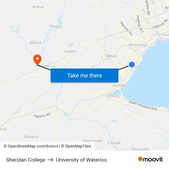Sheridan College to University of Waterloo map