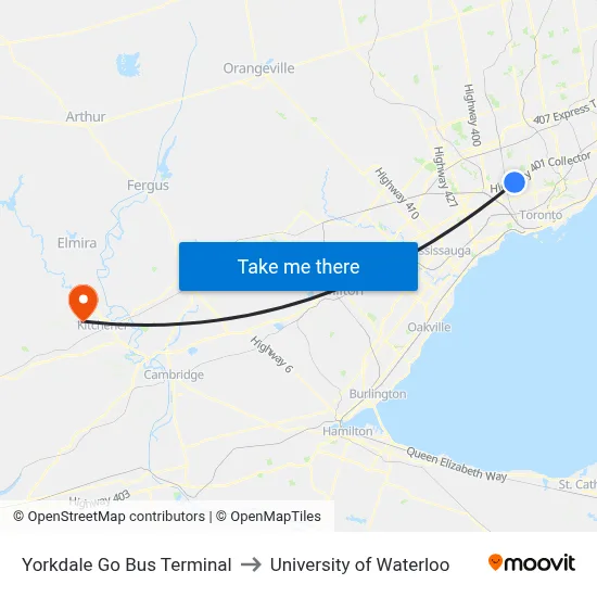 Yorkdale Go Bus Terminal to University of Waterloo map