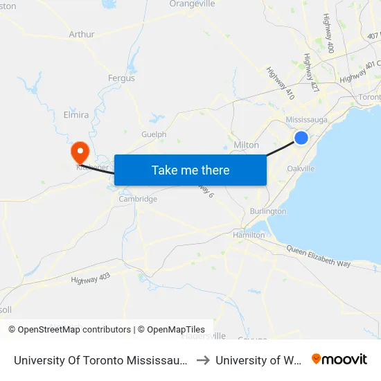 University Of Toronto Mississauga Campus to University of Waterloo map