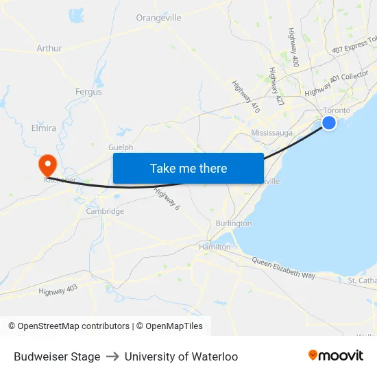 Budweiser Stage to University of Waterloo map