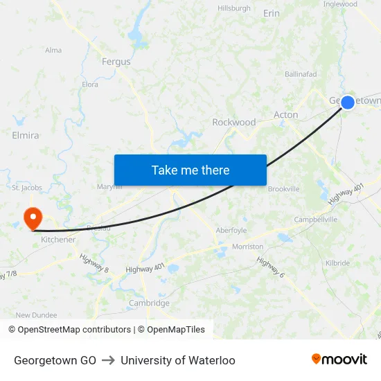 Georgetown GO to University of Waterloo map