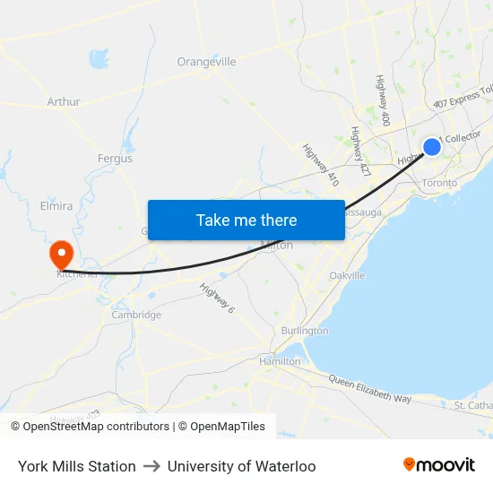 York Mills Station to University of Waterloo map