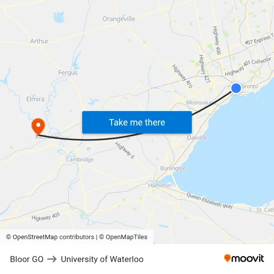 Bloor GO to University of Waterloo map