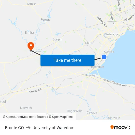 Bronte GO to University of Waterloo map