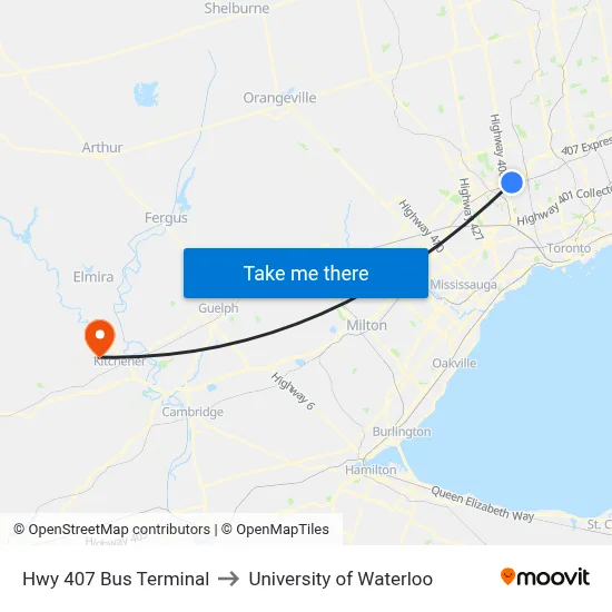 Hwy 407 Bus Terminal to University of Waterloo map