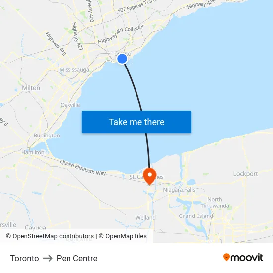 Toronto to Pen Centre map