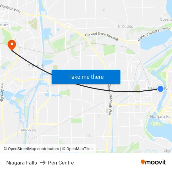 Niagara Falls to Pen Centre map