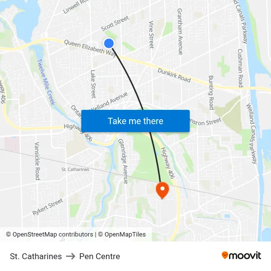 St. Catharines to Pen Centre map