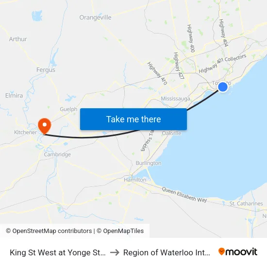King St West at Yonge St East Side - King Station to Region of Waterloo International Airport (YKF) map