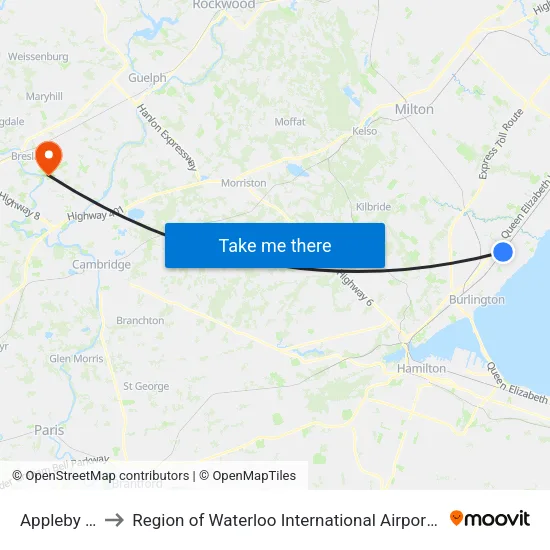 Appleby Go to Region of Waterloo International Airport (YKF) map