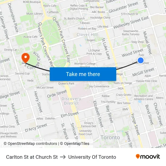 Carlton St at Church St to University Of Toronto map