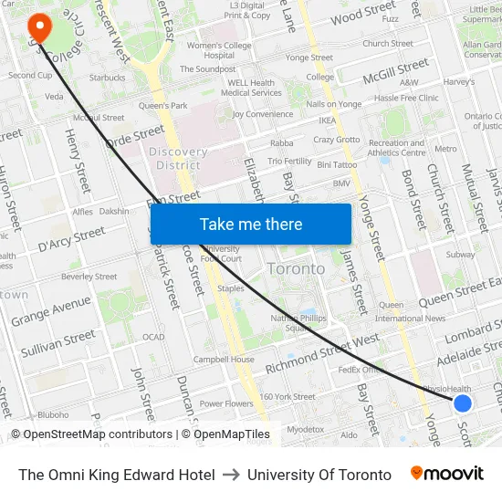 The Omni King Edward Hotel to University Of Toronto map
