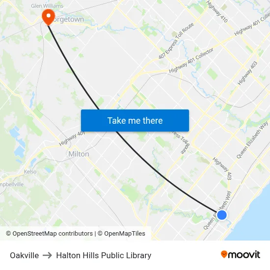 Oakville to Halton Hills Public Library map