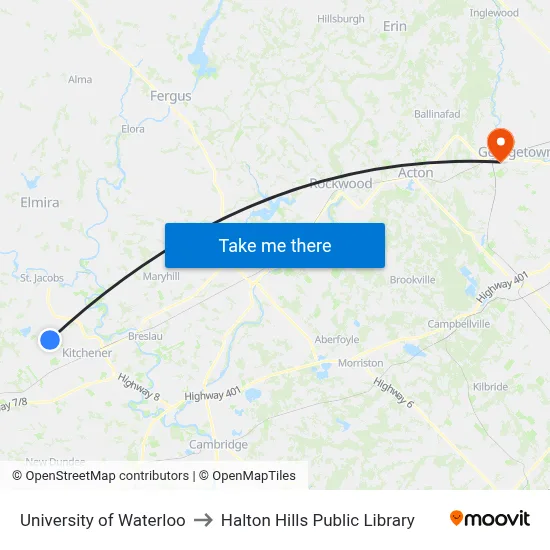 University of Waterloo to Halton Hills Public Library map
