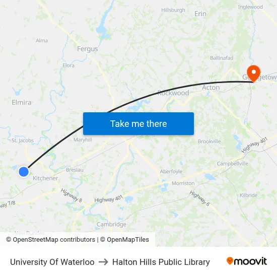 University Of Waterloo to Halton Hills Public Library map