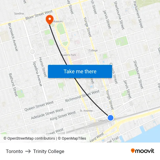 Toronto to Trinity College map