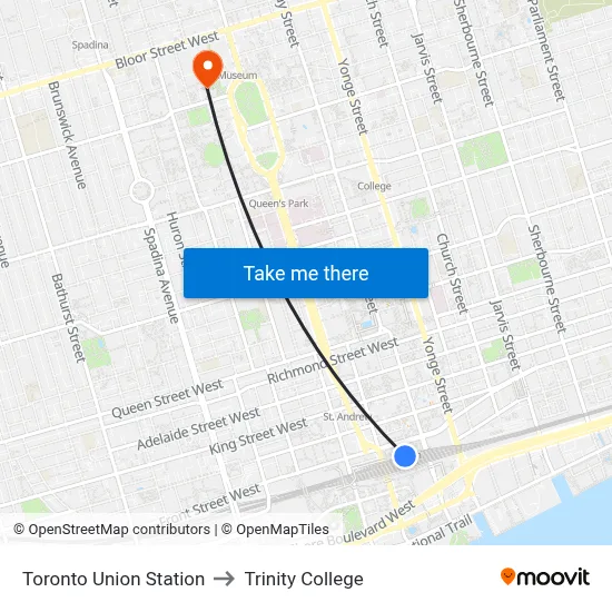 Toronto Union Station to Trinity College map