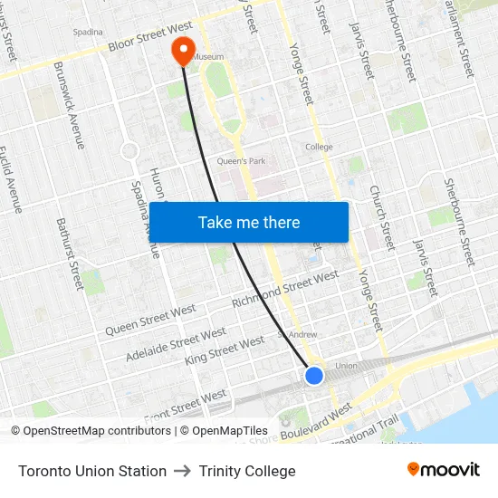 Toronto Union Station to Trinity College map