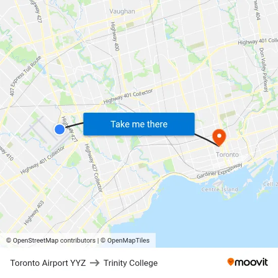 Toronto Airport YYZ to Trinity College map