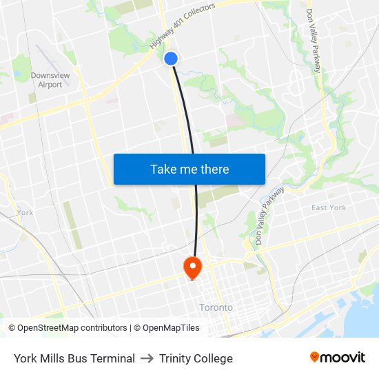 York Mills Bus Terminal to Trinity College map