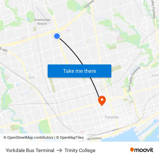 Yorkdale Bus Terminal to Trinity College map