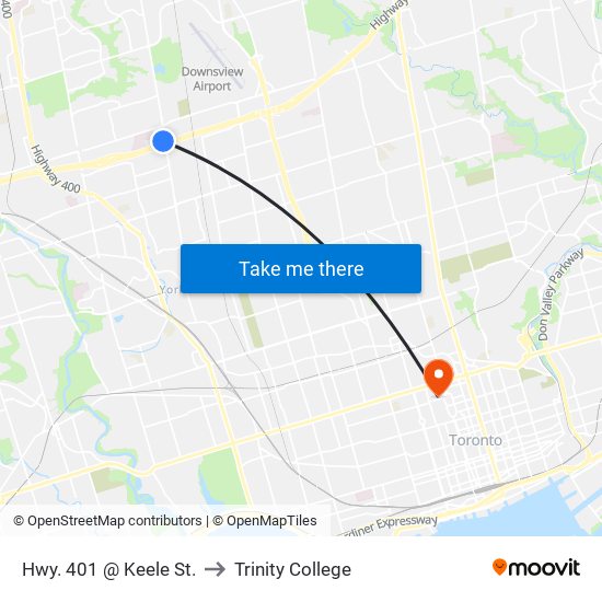 Hwy. 401 @ Keele St. to Trinity College map