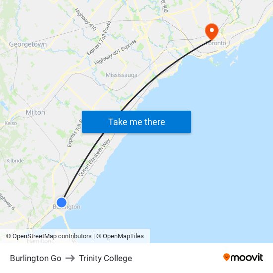 Burlington Go to Trinity College map
