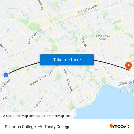 Sheridan College to Trinity College map
