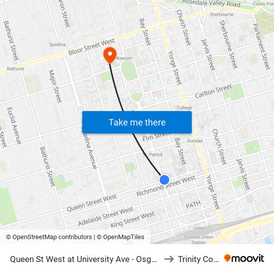Queen St West at University Ave - Osgoode Station to Trinity College map